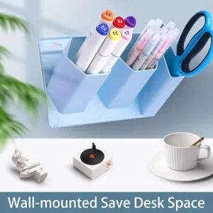Organisateur de stylos mural en plastique bleu clair pour gagner de la place sur le bureau.