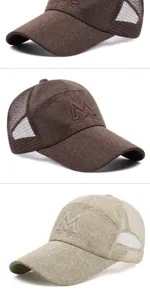 Detailed view of men's breathable linen mesh baseball caps in brown and beige colors.
