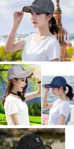 Detail view of breathable mesh baseball caps in various colors worn by a model outdoors.