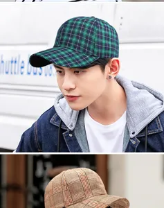 Modello asiatico con cappello da baseball a scacchi verdi per protezione solare esterna