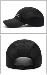 Detailed views of a black quick-dry breathable mesh baseball cap for outdoor sports.