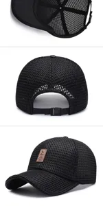 Breathable black mesh baseball cap shown from multiple angles for outdoor sun protection