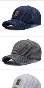 Detailed view of breathable mesh baseball caps in navy blue, dark grey, and light grey