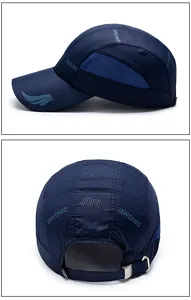Detailed view of navy blue quick-dry breathable sport baseball cap with mesh panels