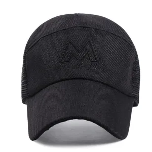 Breathable black linen baseball cap for men with long sunshade brim and embroidered M