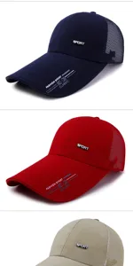 Three colors of breathable mesh baseball caps with extended brims for sun protection.