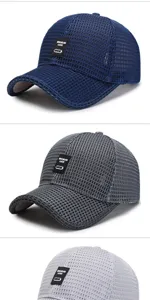 Collection of breathable mesh baseball caps in navy blue, dark grey, and light grey.