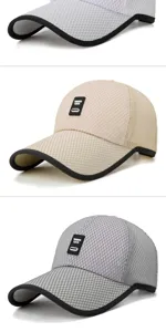 Primer plano de gorras de béisbol de malla transpirable en varios colores para el verano