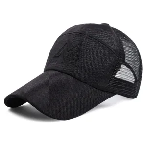 Breathable black mesh baseball cap with long brim and M embroidery for sun protection