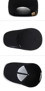 Multi-angle views of black baseball cap showing interior, top, and adjustable back