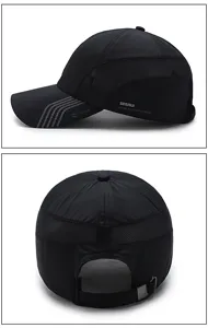 Detailed side and rear views of black quick-dry baseball cap with breathable mesh panels