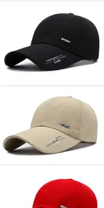 Detailed view of baseball caps with extended brims for sun protection in multiple colors.