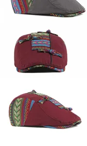 Detailed view of ethnic style beret with colorful patterned patchwork and knots