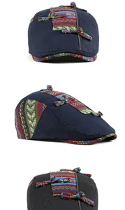 Detailed views of an ethnic style beret with colorful patterns and frog buttons