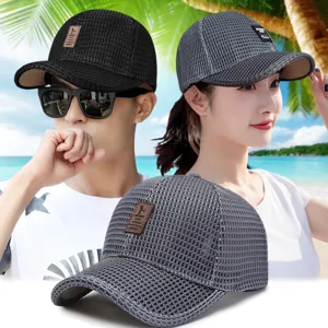 Unisex breathable woven mesh baseball caps for summer sun protection in beach setting