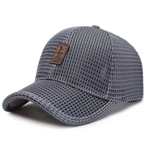 Breathable gray mesh baseball cap for summer sun protection with leather patch detail