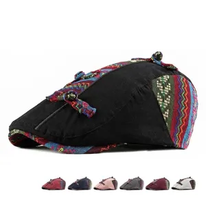 Ethnic style women's beret hat with colorful woven patterns for summer sun protection.