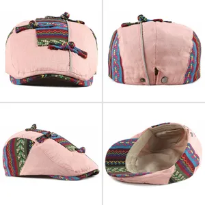 Ethnic style pink beret hat for women with colorful patterned patches