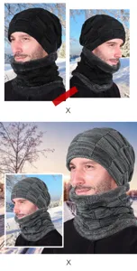 Close-up detail of checkered fleece-lined beanie and neck gaiter set in winter outdoor scene.