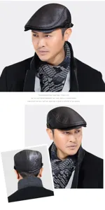 Classic black leather flat cap for men with adjustable strap and multiple view angles