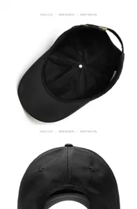 Detailed view of black quick-dry baseball cap interior mesh and adjustable back strap
