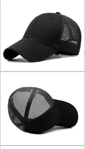 Vistas detalladas de una gorra de béisbol negra transpirable con rejilla para sol