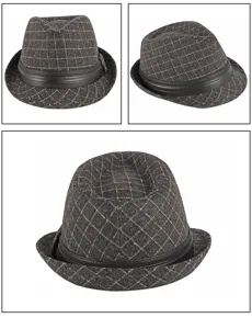 Classic British style checkered woolen Fedora hat with faux leather band