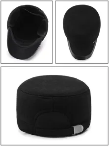 Multiple views of a black wool cadet cap with ear flaps for winter warmth.