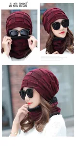 Checkered knit beanie and neck warmer set with warm fleece lining for winter outdoor wear