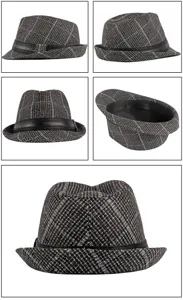 Multi-angle details of a grey checkered woolen fedora hat with black leather band