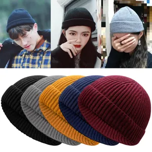 Unisex Retro Strickmütze Gerippte Manschette Kurze Docker Kappe Hipster Einfarbig Warme Winter Seemann Schädelmütze Fischermütze
