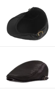 Detail view of black leather flat cap showing inner lining and side profile.