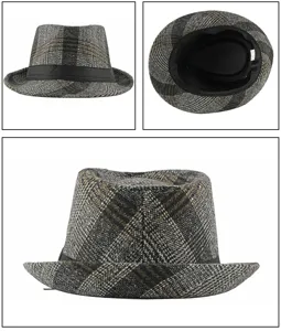 Macro view and multi-angle display of the classic British plaid fedora jazz hat for winter
