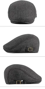 Close-up detail views of grey herringbone flat cap shown from back and side angles
