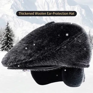 Warme Wintermütze aus Kunstpelz mit Ohrenklappen für Herren, schwarze Thermo-Baskenmütze