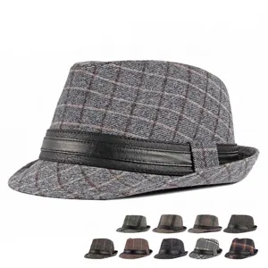 British Retro Plaid Fedora Hat Men Women Woolen Blend Warm Jazz Cap Classic Trilby Style Autumn Winter Accessory