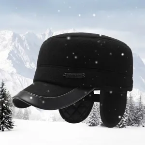 Men's winter wool flat cap with ear flaps for extra warmth in cold weather