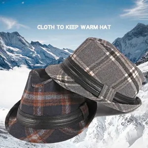 Retro British style plaid woolen fedora hats for men and women in winter snowy mountains