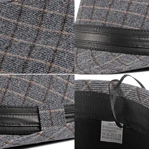 Grey plaid woolen fedora hat for men and women with black leather band detail