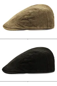 Detailed side view of vintage corduroy ivy caps in khaki and black for autumn and winter.