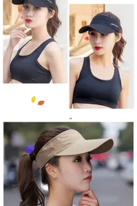 Multiple views of breathable mesh sun visor hats on model for summer sports.