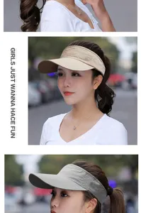 Breathable mesh sun visor hat for women shown in beige and grey colors on a model