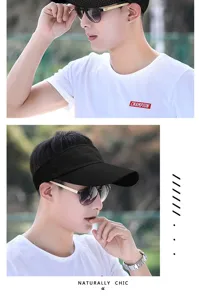 Detail view of a breathable black mesh sun visor hat worn by a male model outdoors