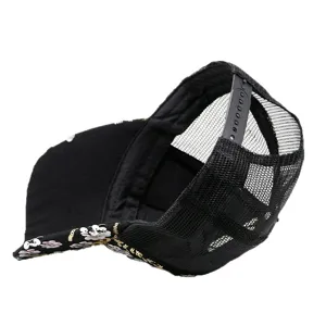 Elegante cappello da baseball nero con paillettes sulla tesa e retro in rete traspirante.