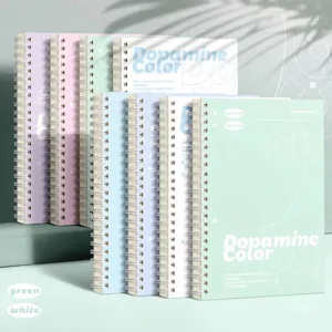 Collection of colorful A5 student spiral notebooks featuring pastel dopamine color covers.