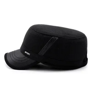 Premium men's winter wool flat-top military cap with ear protection and textured brim