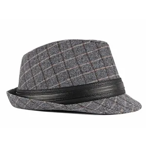 Classic grey plaid woolen fedora jazz hat with black leather band for men and women