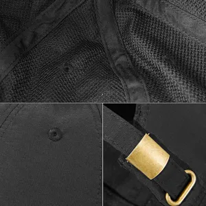 Close-up details of a breathable quick-dry black baseball cap with an adjustable buckle.