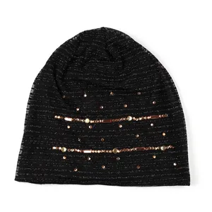 Eleganter schwarzer Spitzenbeanie mit Strasssteinen für Frühling und Herbst Mode