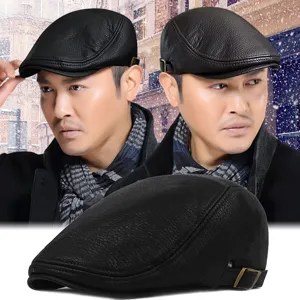 Vintage British PU Leather Wool Blend Beret Hat For Men Women Winter Warm Fleece Lined Newsboy Cap Herringbone Plaid Adjustable Flat Cap